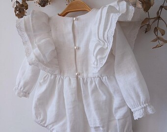 Dusty Pink Linen Romper for Baby Girl, Boho Style, Handmade