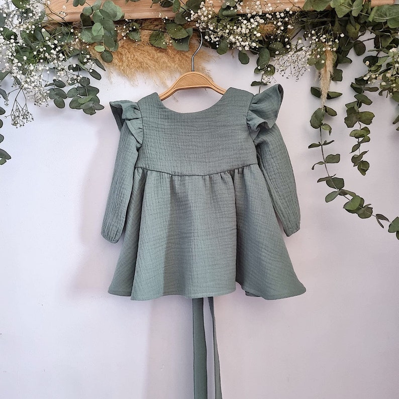 Baby girl dress 1st birthday green, green gauze dress with bishop sleeves, girls muslin dress with ruffles, dress girl spring boho. sleeve dress