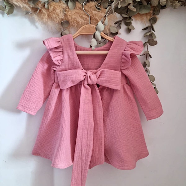 Robe rose poudrée pour fille, robe en mousseline à manches longues d’automne pour les filles, robe de fille à fleurs rustique, robe rose pour tout-petits, fille robe boho biologique.