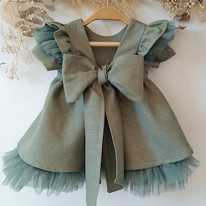 Sage green flower girl dress, Newborn dress, 1st birthday dress, Linen toddler dress, Toddler boho dress, Dress for baby girl one year.