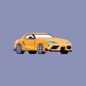 Pode incluir: Uma ilustra&ccedil;&atilde;o de pixel art de um carro desportivo amarelo. O carro tem rodas pretas e um p&aacute;ra-choques dianteiro preto.
