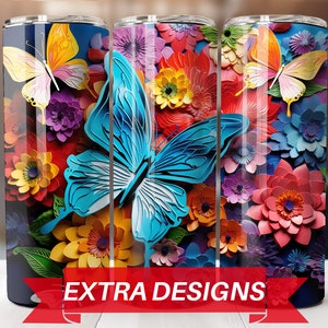 3D Colorful Butterflies Summer Sublimation Design - 20oz Skinny Straight Tumbler Wrap - Instant Digital Download PNG