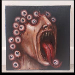 Creepy dark art portrait painting on canvas. Original horror painting, Spooky art, creepy eyeballs, weird art, dark portrait,