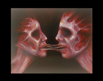 Dark Art Horror Painting: Macabre Lovers, Skull Gothic Canvas
