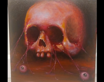 Original skull portrait painting. Creepy skull, gothic painting on canvas. Original macabre skull art
