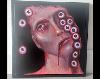 Framed Gothic Eye Painting: Creepy Horror Art on Canvas