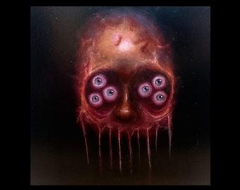 Original surreal skull portrait painting. Creepy skull painting on canvas. Original macabre art