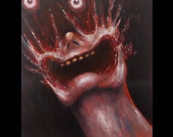 Original Creepy Gore Portrait Painting on Wood: Dark Horror Art