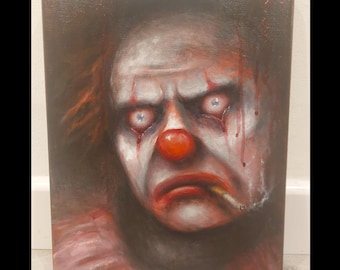 Original Clown Painting on Linen Canvas: Moody Gothic Horror Art