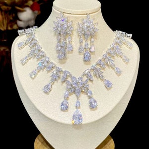 2 Pcs Set Necklace and Stud Earring with Rhinestone Cubic Zirconia, Wedding, Bridal, Party, Jewelry Set