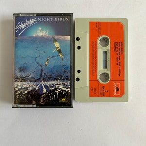 Puede incluir: Una cinta de casete del álbum "Night Birds" de Shakatak. La cinta de casete es naranja y blanca con el nombre de la banda y el título del álbum impresos en ella. La portada del álbum presenta un paisaje azul y blanco con dos pterodáctilos volando.