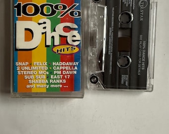 Może przedstawiać: Kasetę magnetofonową w stylu vintage zatytułowaną "100% Dance Hits". Przezroczyste etui odsłania czarną kasetę. Kolorowa okładka zawiera tytuł dużymi literami i listę artystów. Widoczne jest logo Telstar Records.