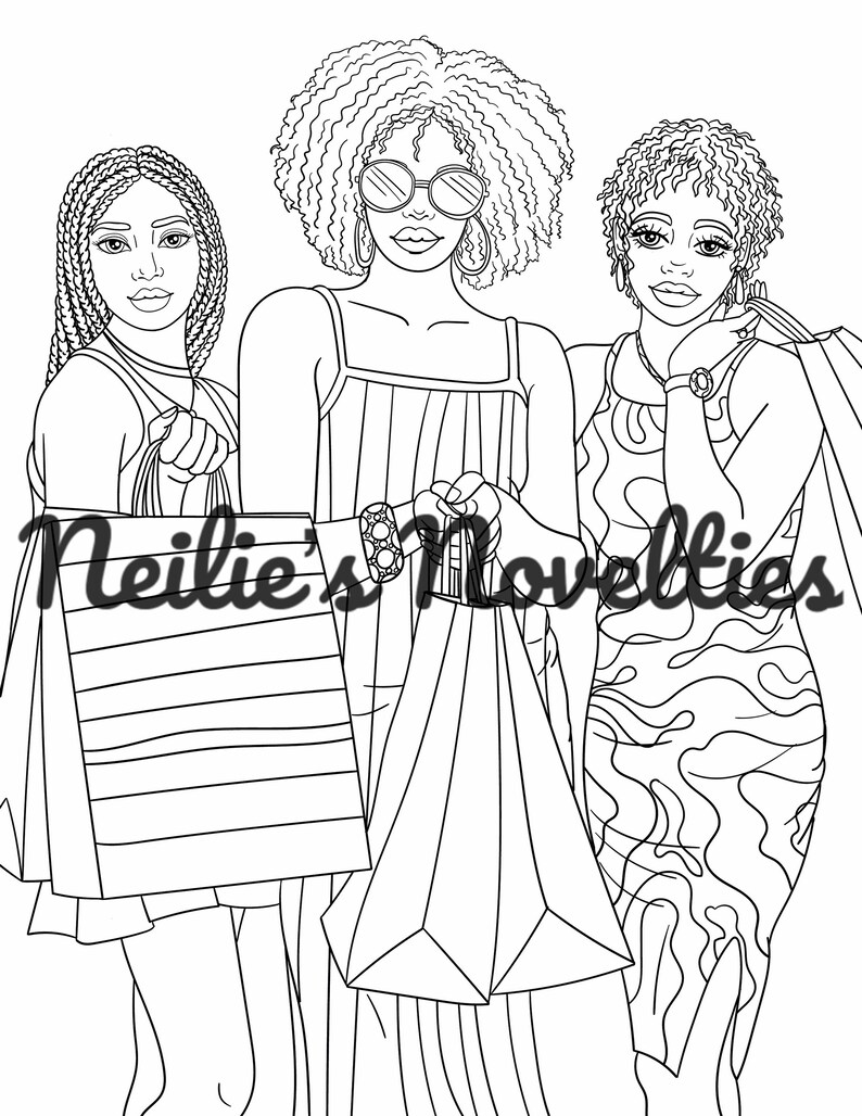 Pu&ograve; includere: Illustrazione in bianco e nero di tre donne con borse della spesa. Una donna indossa occhiali da sole, un'altra ha i capelli intrecciati e la terza ha i capelli corti e ricci. Il testo "Neilie's Novelties" &egrave; in basso.