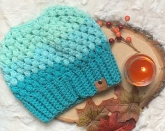 Women’s Messy Bun Beanie, Crochet Messy Bun Hat, Handmade Top Knot Hat, Ponytail Beanie, Blue, Winter Beanie, Long Hair