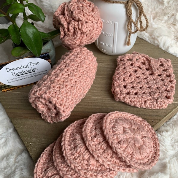 Crochet Spa Gift Set, Shower Gift Set, Self Care Gift Set, Reusable & Eco-friendly, 100% Cotton 4 piece set, Pink, Women Gifts, Handmade