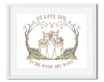 We Love You To the Moon and Back, Woodland Creatures 24x36 Art Print