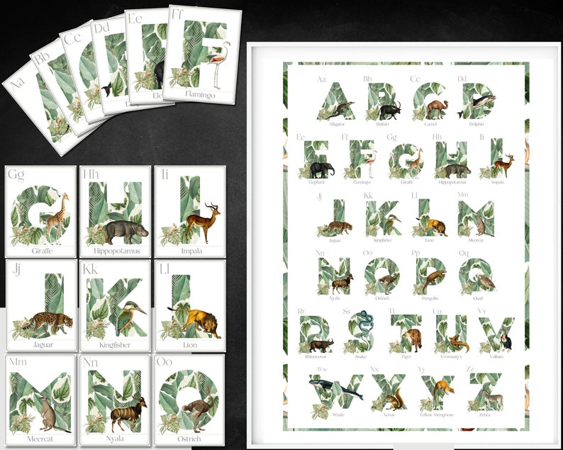 Vintage Animal Alphabet Poster Educational Alphabet Flashcard Printable
