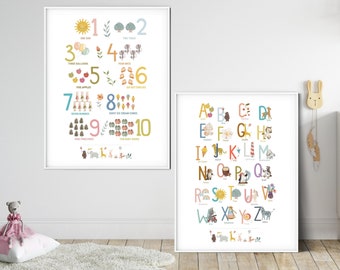 Boho Classroom Decor: Set of 2 Animal Alphabet and Numbers Posters