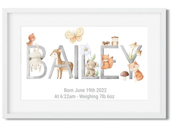 Personalized Baby Name Sign with Woodland Creatures, Woodland Nursery Decor