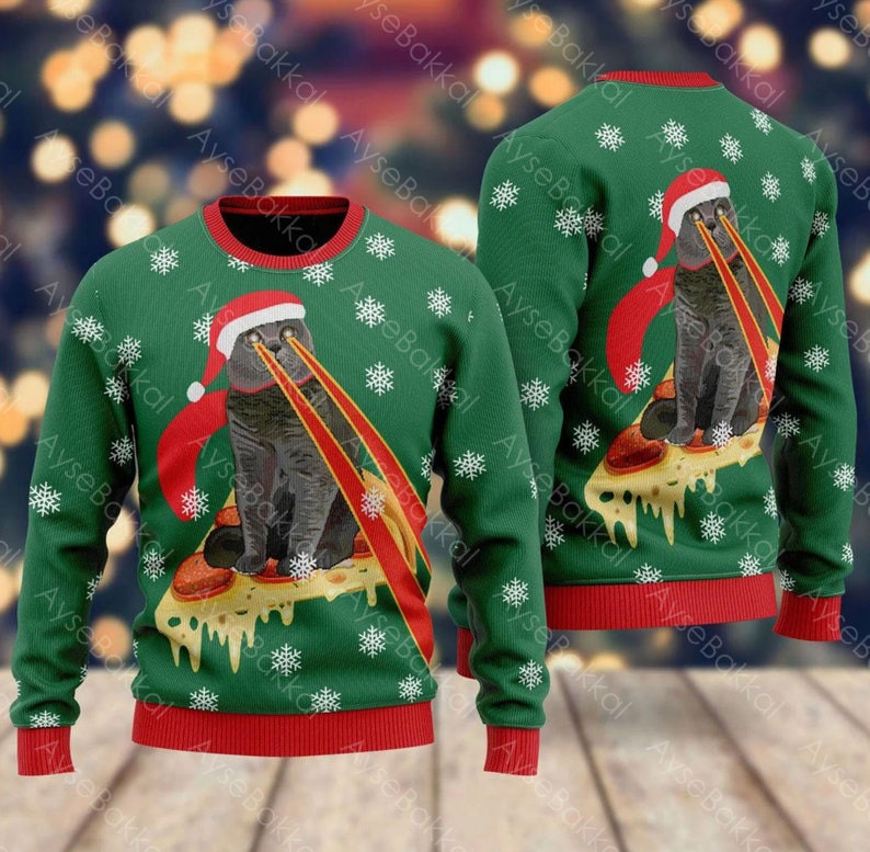 Drax Pizza Cat With Laser Eyes Ugly Christmas Sweater