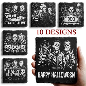 May include: A collection of black slate coasters with white graphic designs featuring horror movie characters. The coasters have various designs, including the text "STAYING ALIVE" and "HAPPY HALLOWEEN".