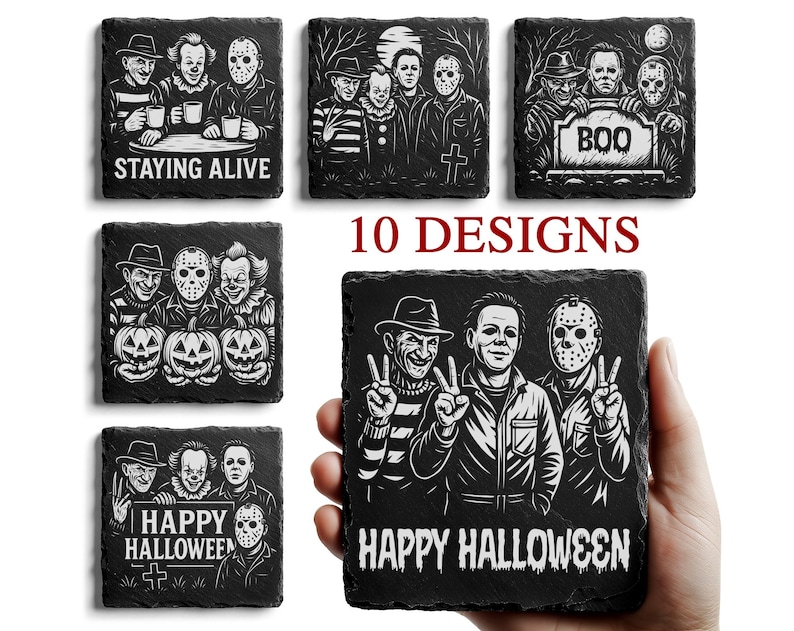 May include: A collection of black slate coasters with white graphic designs featuring horror movie characters. The coasters have various designs, including the text "STAYING ALIVE" and "HAPPY HALLOWEEN".