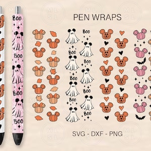 Halloween Mouse Ears Pen Wrap Svg Bundle, Mouse Ears Pumpkin Svg, Epoxy Pen Wrap, Pen Digital Template, Halloween Pen Wrap, Mouse Ghosts Svg