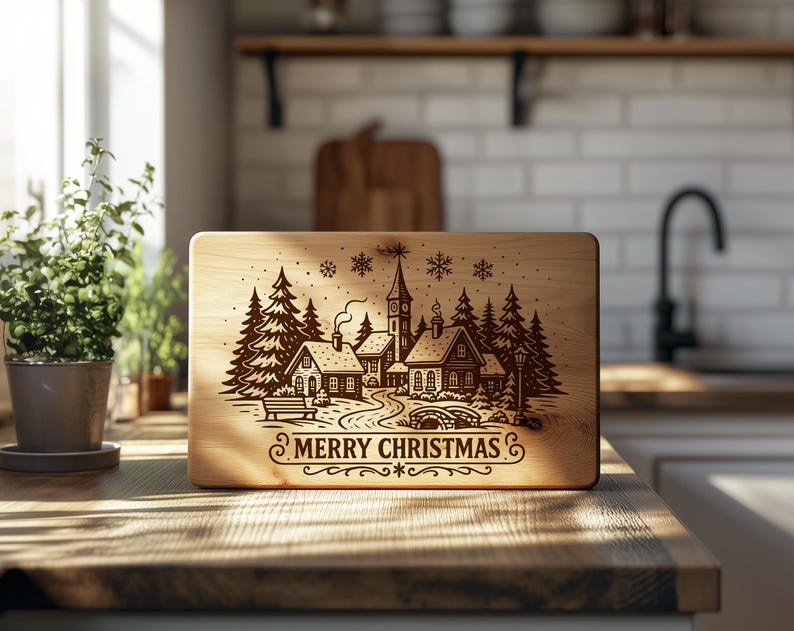 May include: A rectangular wooden cutting board with a laser-etched winter village scene. The design includes houses, trees, a church, and the words "MERRY CHRISTMAS". The board is displayed on a wooden surface.