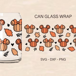 May include: A digital design featuring a pattern of orange pumpkins with black outlines and a bow, black leaves, and black vines. The design is for a can glass wrap. The text "CAN GLASS WRAP" and "SVG - DXF - PNG" is included in the image.