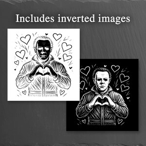 May include: Black and white illustration of a figure making a heart shape with their hands, surrounded by heart shapes. The text "Includes inverted images" is at the top. The image is a graphic design.
