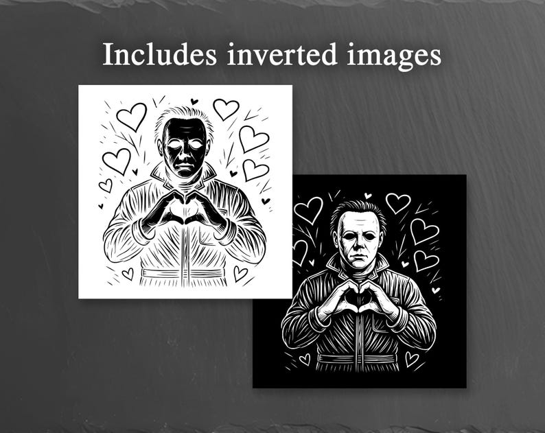 May include: Black and white illustration of a figure making a heart shape with their hands, surrounded by heart shapes. The text "Includes inverted images" is at the top. The image is a graphic design.