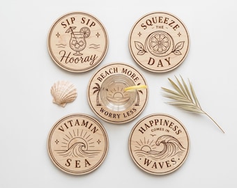 Funny Summer Coaster Svg Bundle, Coastal Coasters Svg Bundle, Glowforge File, Summer Drink Coasters Bundle, Summer Slate Coaster, Xtool Cnc