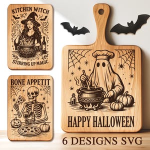 Halloween Cutting Board Engraving File, Halloween Cutting Board Svg, Skeleton Charcuterie Board Svg, Kitchen Witch Board Svg, Glowforge Svg