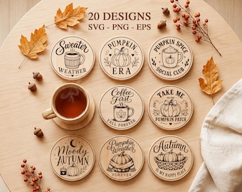 Fall Coaster SVG Bundle, Autumn Coaster SVG, Pumpkin Spice Laser Engraving Files, Cute Fall Decor, Glowforge xTool CNC, Autumn Png, Fall Svg