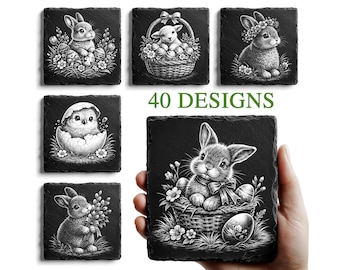 Easter Slate Laser Coaster Files, Easter Png Laser Engrave, Glowforge File, Bunny Laser File, Bunny Laser Burn File, Happy Easter Laser File
