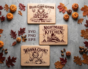 Funny Horror Cutting Board SVG Bundle, Halloween Movie Characters Laser Engraving Files, Killer Kitchen Charcuterie SVG, Glowforge xTool CNC