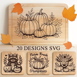May include: A wooden cutting board and three square coasters with fall-themed designs. The cutting board features a pumpkin design with leaves. The coasters have a raccoon with a pumpkin, a pumpkin with text, and a cow with pumpkins. The text "20 DESIGNS SVG" is also present.
