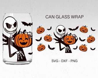 Jack Skellington Glass Wrap Svg, Halloween Svg, 16oz Libbey Full Wrap Svg, Kürbis Svg, Can Glass Svg, Dateien für Cricut, Libbey Template