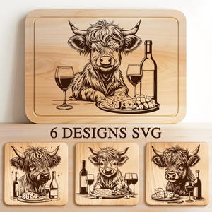 May include: Six SVG designs featuring a Highland cow with wine glasses, cheese, and grapes. The designs are perfect for creating custom cutting boards, signs, or other crafts.
