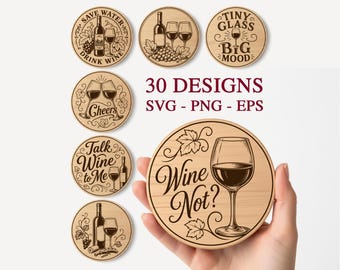 Wine Coasters SVG Bundle, Wine Laser Burn File, Laser Engraving Files, Wine Coasters, Glowforge xTool CNC Cut, Home Decor, Wine Lover Gift