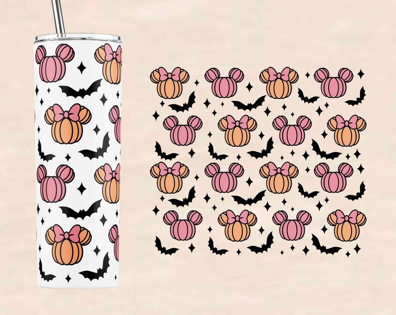 May include: A white tumbler with a pattern of pink and orange pumpkins with black bows and bats. The tumbler has a black straw.