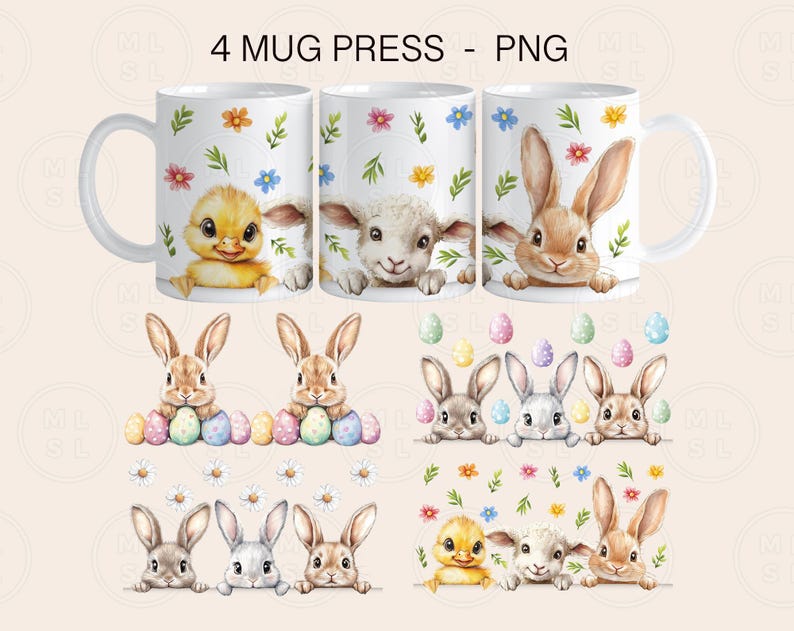 May include: Four white mugs with different Easter-themed designs. The designs include a chick, a lamb, a bunny, and a combination of eggs and bunnies. The mugs are perfect for adding a festive touch to your Easter celebrations.