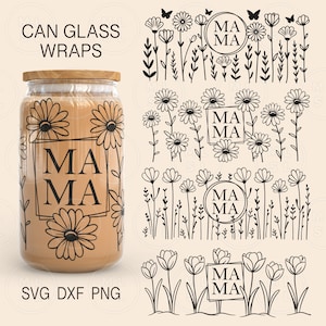 Puede incluir: Un conjunto de cuatro archivos de corte digital que presentan un diseño floral con la palabra "Mama" en un marco cuadrado. Los diseños son perfectos para crear manualidades personalizadas, como tazas, camisetas y decoración del hogar.