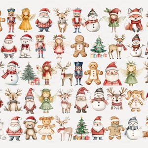 May include: A collection of watercolor illustrations featuring various Christmas characters and objects, including Santa Claus, reindeer, snowmen, gingerbread people, angels, and a nutcracker. The illustrations are painted in a whimsical style with bright colors and festive details.
