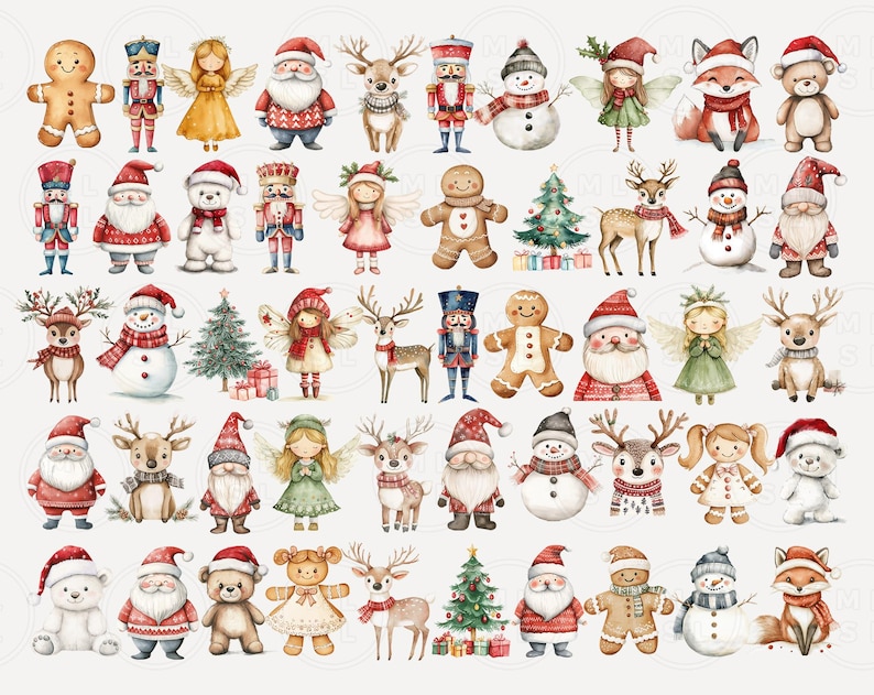 May include: A collection of watercolor illustrations featuring various Christmas characters and objects, including Santa Claus, reindeer, snowmen, gingerbread people, angels, and a nutcracker. The illustrations are painted in a whimsical style with bright colors and festive details.