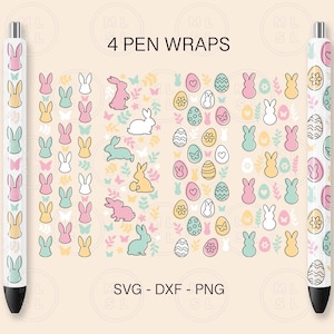 May include: Easter-themed pen wraps with bunny and egg designs in pastel colors. The image shows two pens with repeating patterns and four different wrap designs. The text "4 PEN WRAPS" and "SVG - DXF - PNG" are also visible.