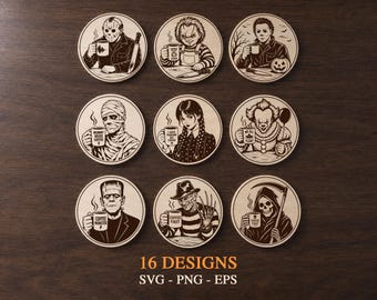Horror Coffee Coasters SVG Bundle, Horror Characters Laser Engrave, Horror Movie, Funny Coffee Coasters Svg, Glowforge xTool CNC, Home Decor