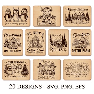 May include: A collection of wooden Christmas-themed designs. The designs include penguins, farm scenes, Santa Claus, and festive text. The text includes phrases like "Merry Christmas", "On the Farm", and "Christmas calories don't count".