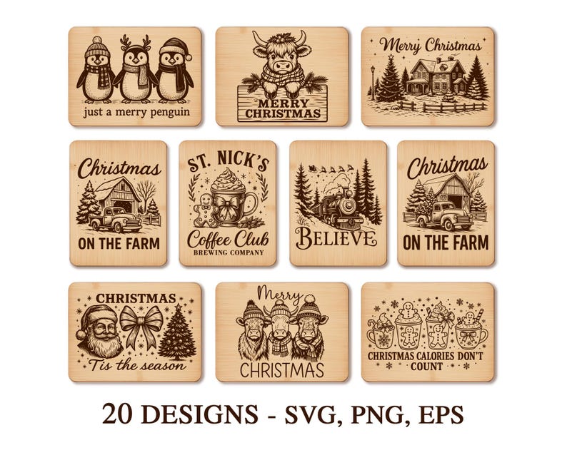 May include: A collection of wooden Christmas-themed designs. The designs include penguins, farm scenes, Santa Claus, and festive text. The text includes phrases like "Merry Christmas", "On the Farm", and "Christmas calories don't count".