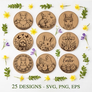 Pakiet 25 podstawek wielkanocnych SVG, podstawka wielkanocna w formacie SVG, grawer laserowy Easter PNG, wycinanie CNC Glowforge xTool, wesołych świąt wielkanocnych SVG, plik do grawerowania